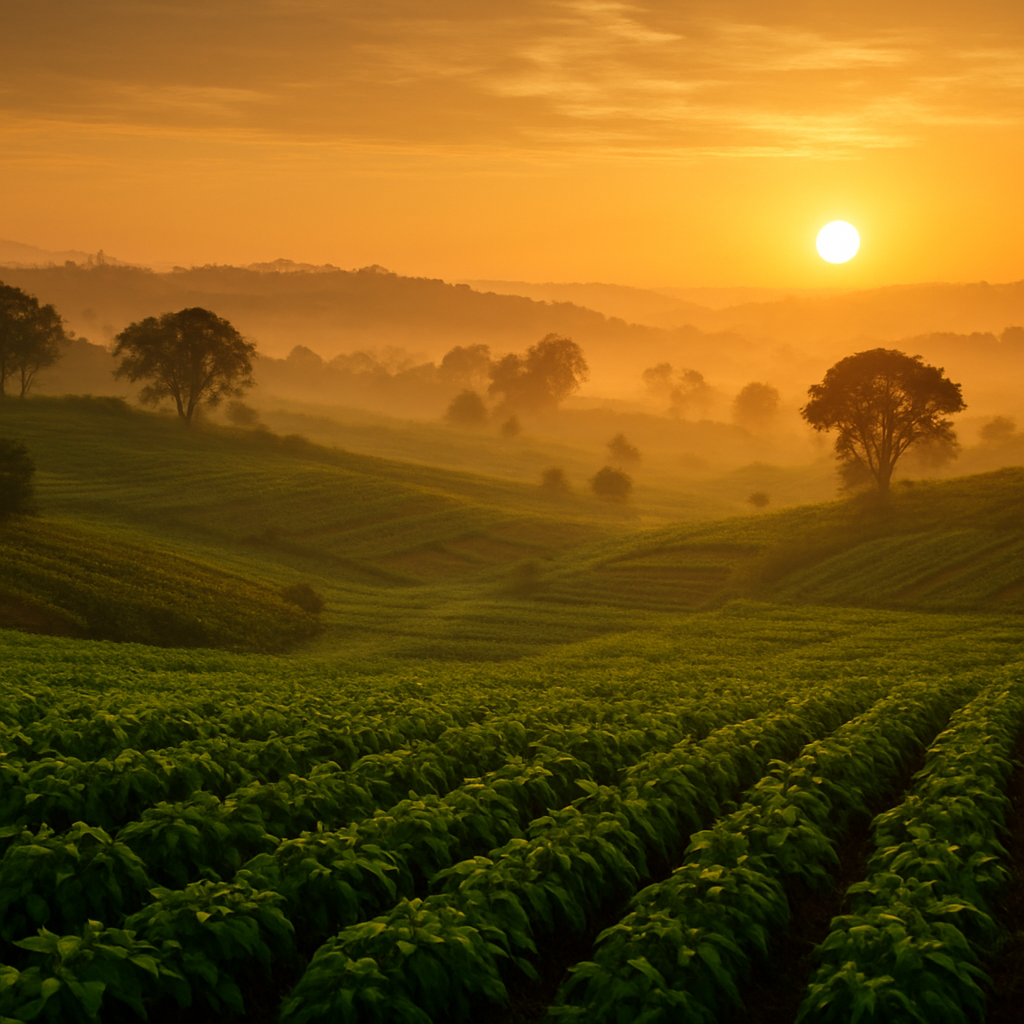 Lush African farmland at golden sunrise
